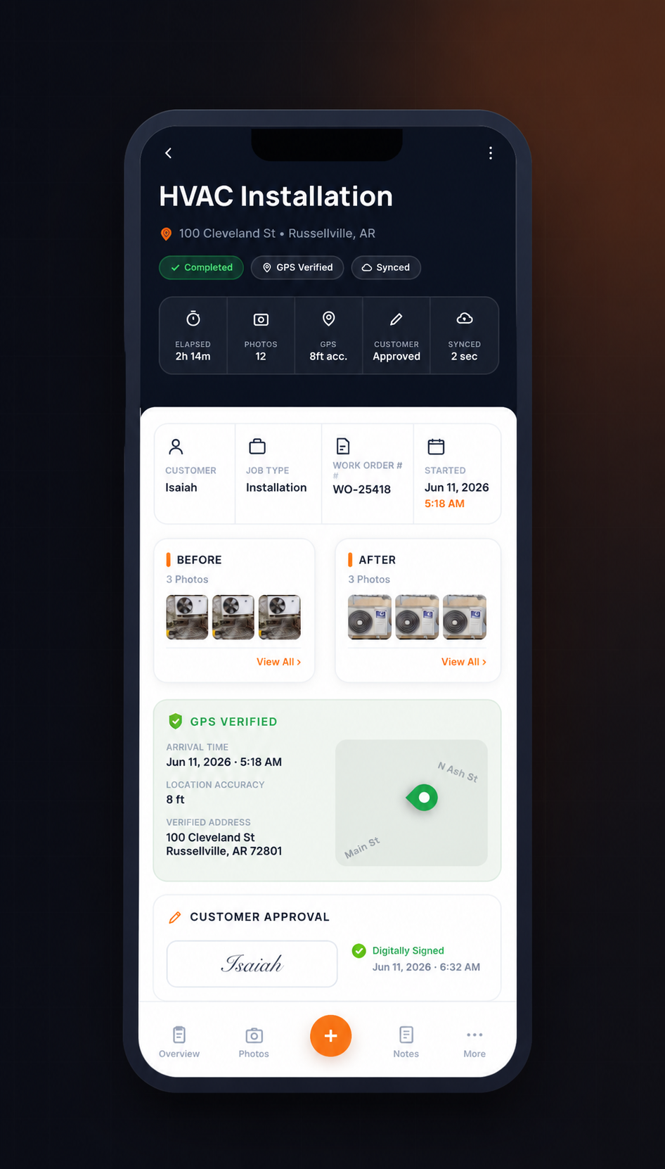 ProTechCam work order — HVAC Installation, GPS verified, signed and synced to the office